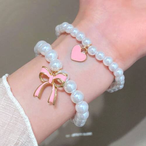 Sweet Pink Bow Pearl Bracelet for Women Girls Korean Fashion