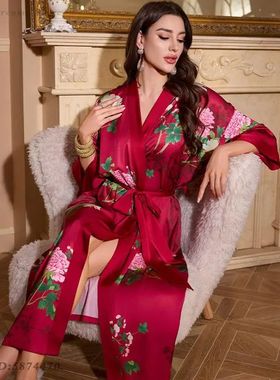Red Bride Wedding Robe Long Kimono Bathrobe Nightgown Female