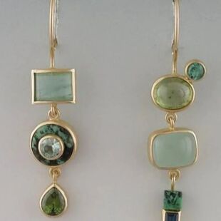 cate Design Square Round Dangle Earrings Green Stone Silver