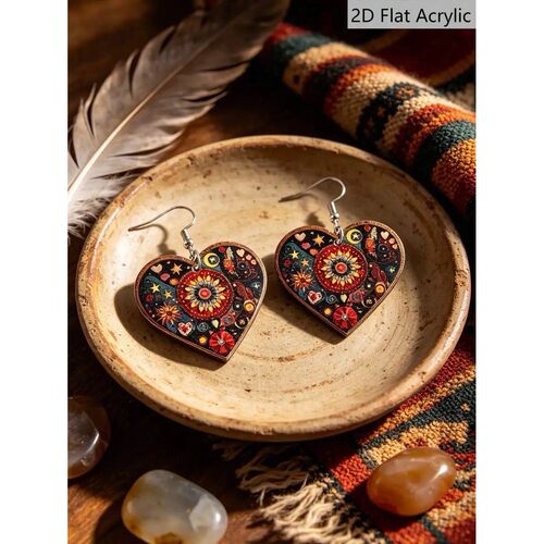 Bohemian Heart Shape Acrylic Earrings For Women Vintage Patt