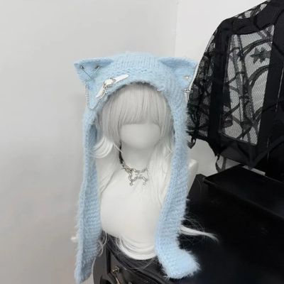 Harajuku Japanese Cat Ear Hat with Scarf Cross Chain Leather