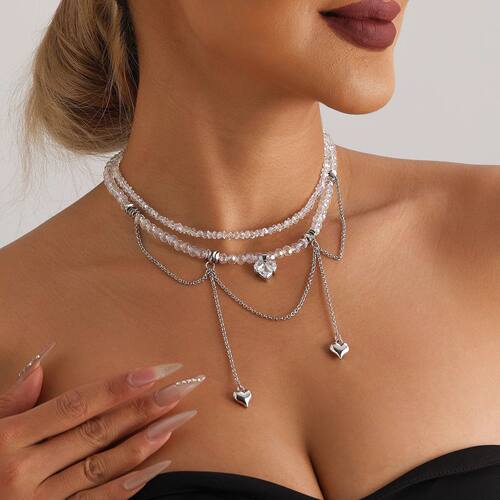 Double Chain Tassel Necklace with Heart Pendant, Crystal Zir
