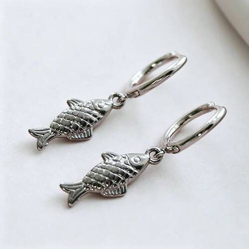 Dainty Textured Fish Pendant Hoop Earrings, Silver Tone Smal