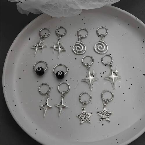 Y2K Punk Silver Star 8Ball Spiral Earrings Set For Women Got