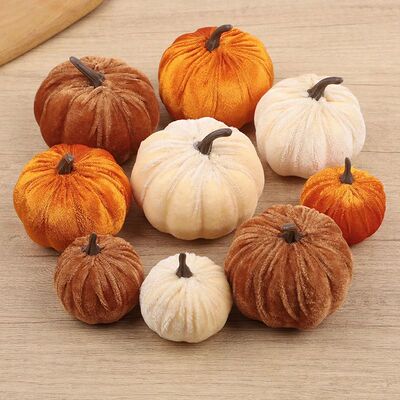 9pcs Velvet Artificial Pumpkins 3 Size Mixed for Halloween P