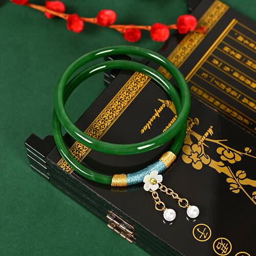 2Pcs/Set Natural Jade Jingle Bangles Retro Simple Fairy Flow