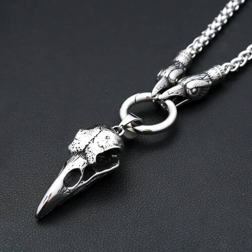 Nordic Viking Crow Head Skull Pendant Necklace Stainless Ste