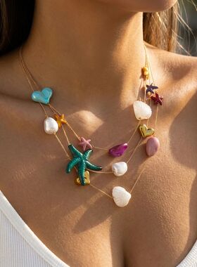 Ocean Style Multilayer Resin Starfish Shell Necklace For Wom