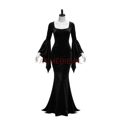 Halloween Morticia Adams Primate Black Gothic Fishtail Dress