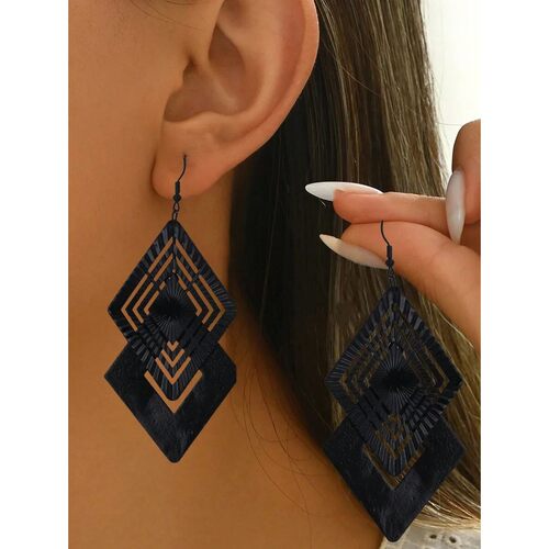 Black Geometric Diamond Shape Drop Earrings For Women Fashio