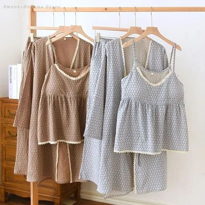 Female Robe Pajamas 3PCS Set Sleepwear Sexy Lace Printed Str