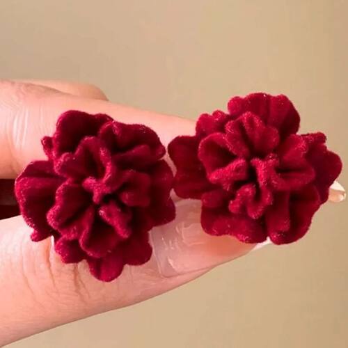 Wine Red Velvet Flower Stud Earrings for Women Folded Petals