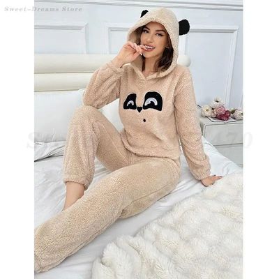 Cartoon Flannel Pajamas Set Women Autumn Winter New Sleepwea