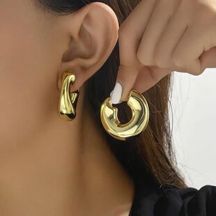 Vintage Irregular Geometric C Shape Chunky Hoop Earrings for