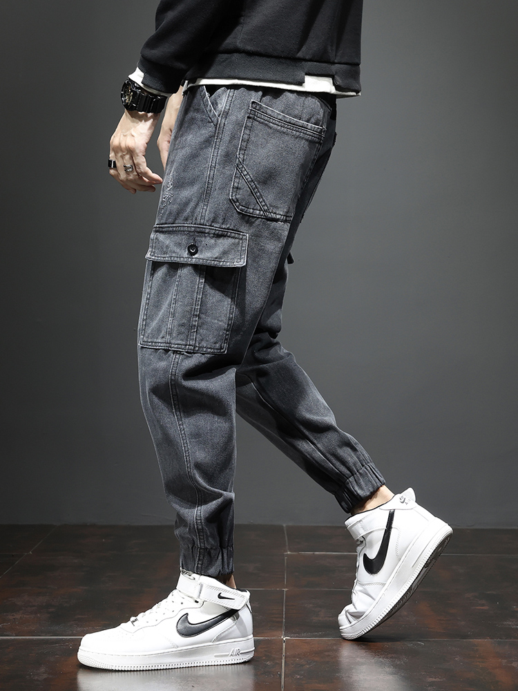 多口袋工装牛仔裤男弹力宽松
