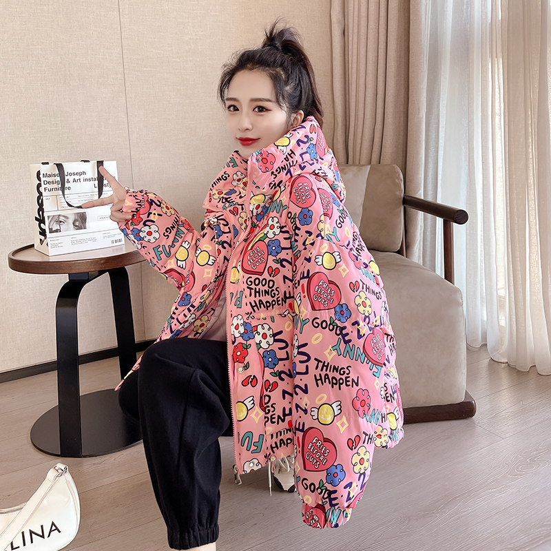 反季羽绒棉服女短款2025年新款印花宽松加厚面包服设计感小众棉衣