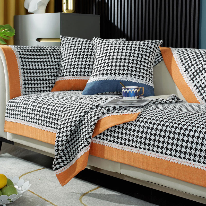 千鸟格雪尼尔沙发垫四季通用防滑坐垫纯色简约现代沙发套罩盖布套