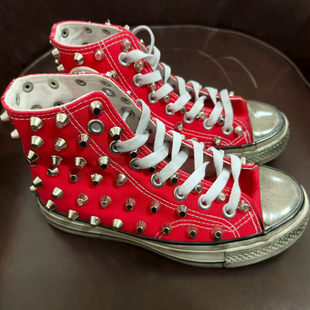 大码做旧铆钉嘻哈街舞朋克帆布鞋红色高帮男女情侣休闲鞋35-46