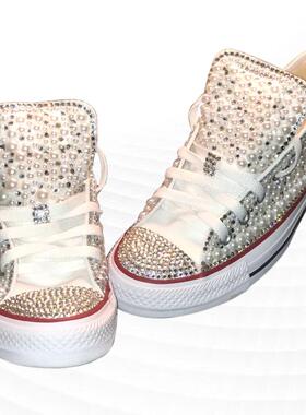 手工定制珍珠水钻帆布鞋重工白色大码低帮系带休闲运动女鞋35-44