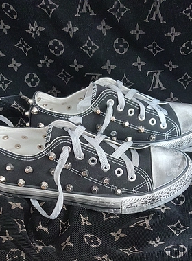 黑色40码低帮水桶钉做旧帆布鞋大码男女情侣鞋清仓处理现货秒发