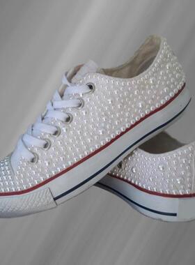 手工定制白色低帮珍珠水钻甜美帆布鞋大码系带休闲运动女鞋35-44