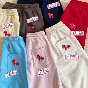 韩egg加绒新年刺绣小马束口卫裤一条过冬休闲百搭显瘦女直筒裤