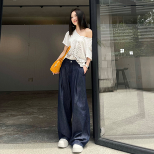 第九町复古薄款深色牛仔阔腿裤女高腰显瘦直筒裤拖地裤WM7989