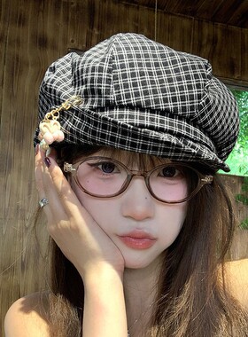 复古日系文艺格纹小众云朵帽女夏季轻薄显脸小帽子可爱小熊八角帽