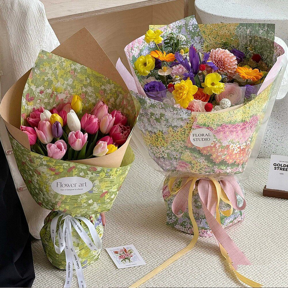 情人节油画纸田园风花束包装纸春日油菜花牛皮纸包花纸花艺材料