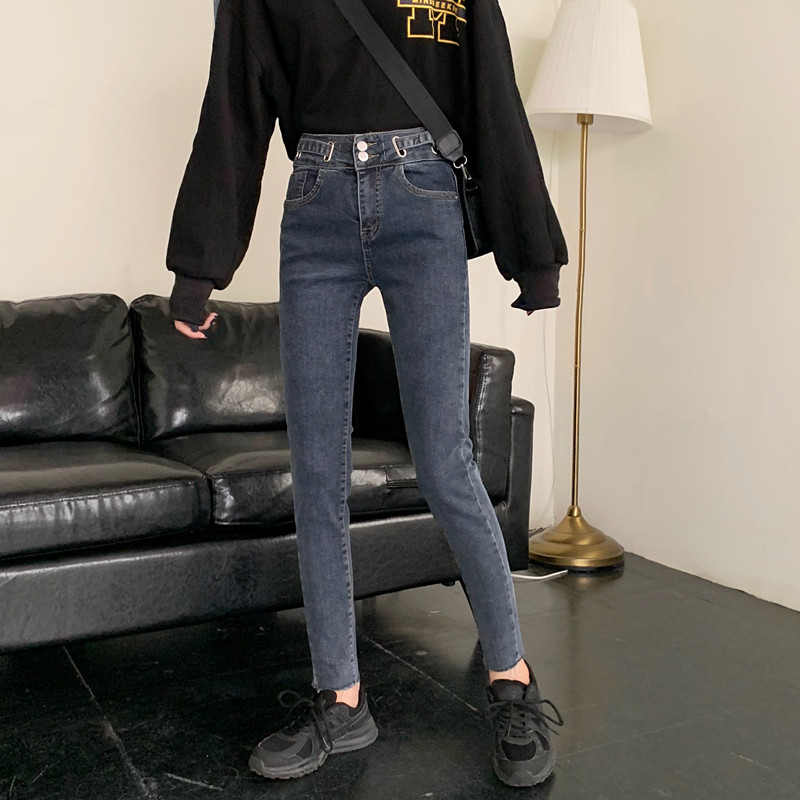 Real price of jeans women's winter thickened simple high waist elastic fleece warm jeans pants