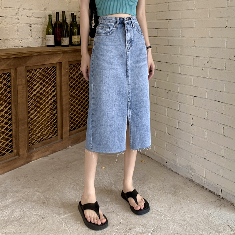 Real shot # Denim skirt women's simple split high waist fashion denim skirt real price