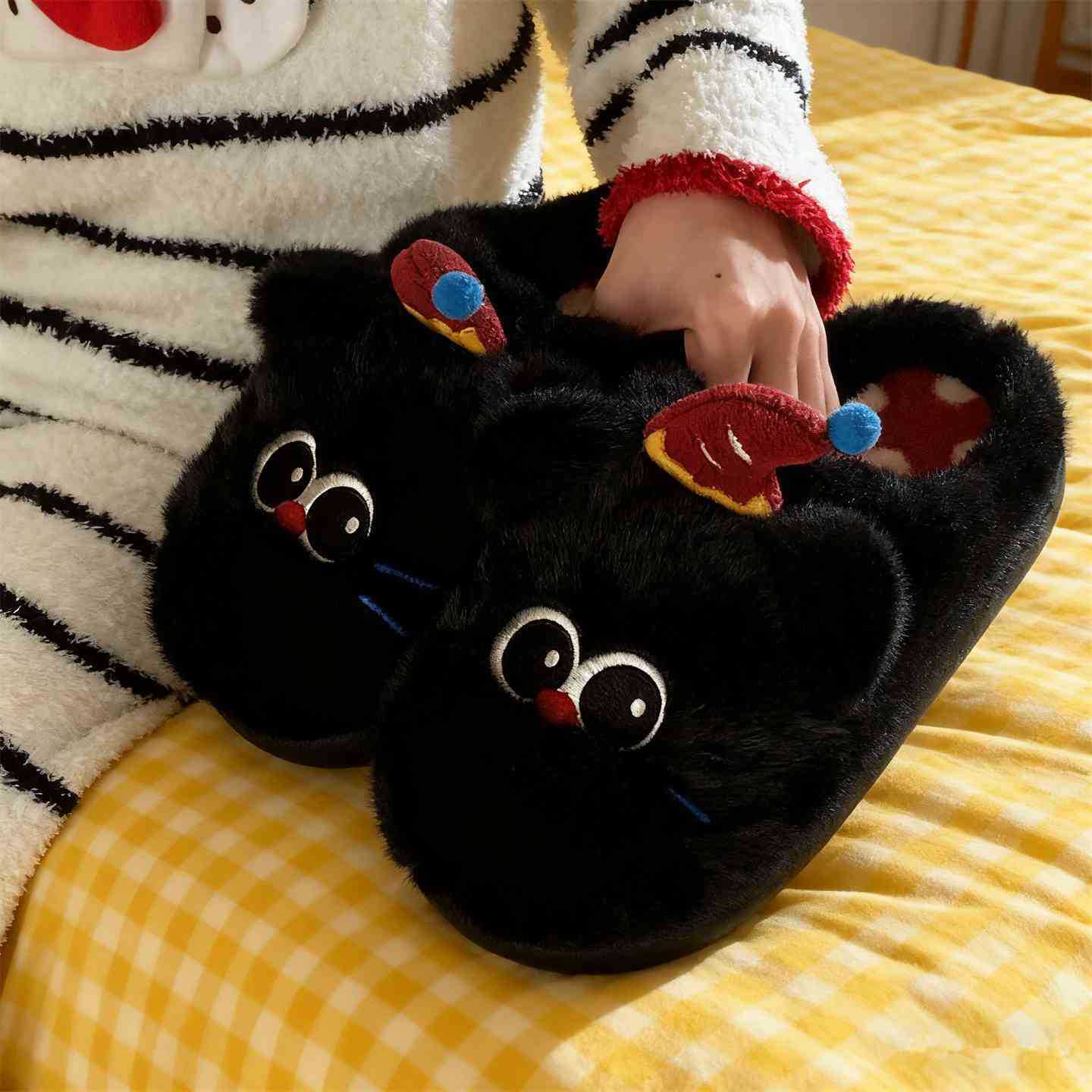 细xi条可爱ins生日小黑猫棉拖鞋女生冬家居保暖毛毛鞋月子鞋软萌