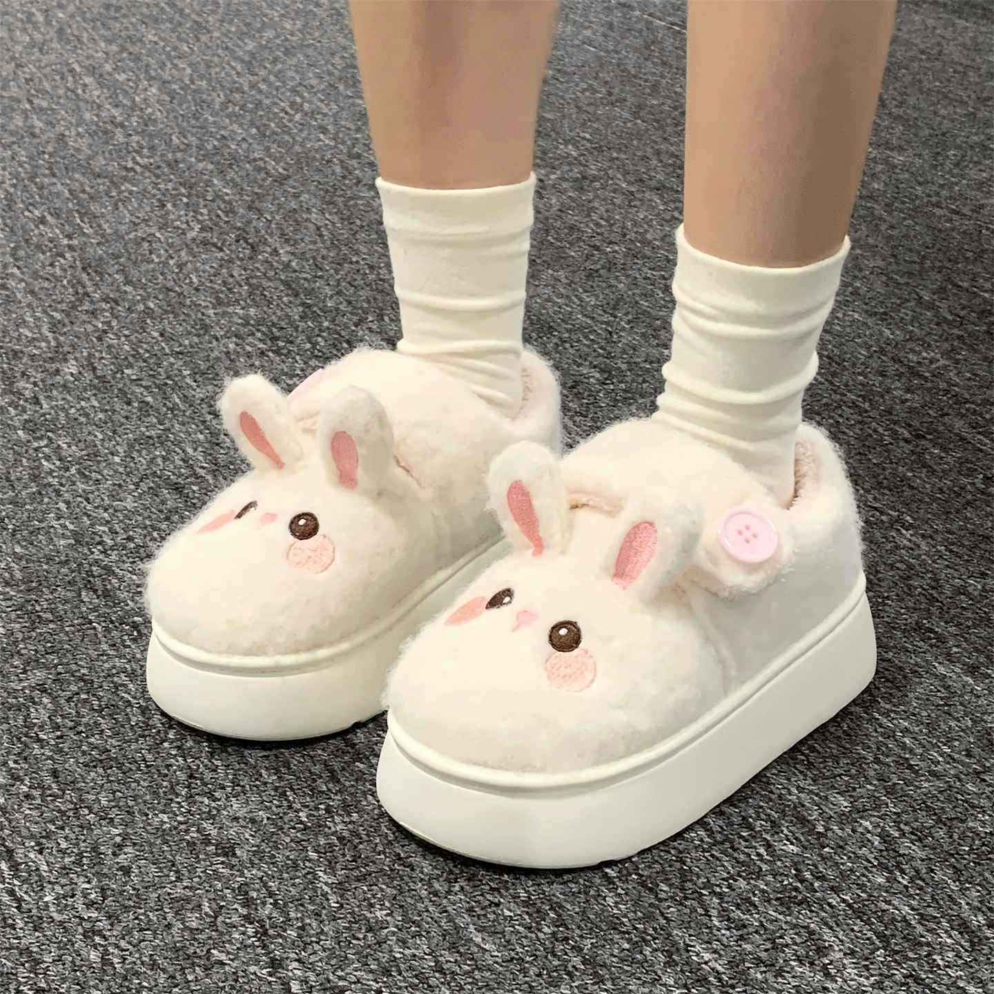 软萌小兔冬季新款女士学生面包鞋休闲户外日系魔术贴厚底保暖