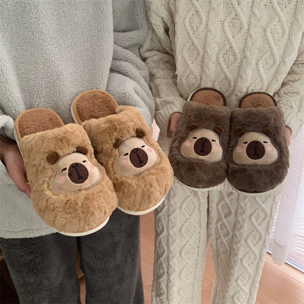冬季情侣居家毛毛拖鞋可爱卡皮巴拉水豚室内男女士保暖卧室棉拖鞋