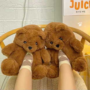 小熊胖胖棉鞋少女心可爱毛绒棉拖鞋卡通泰迪熊冬季防滑保暖居家鞋