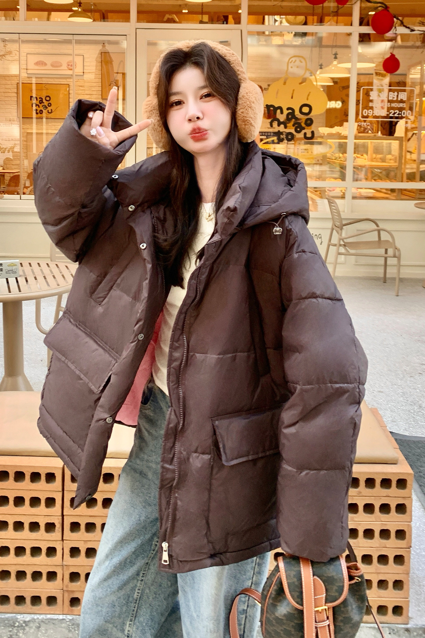 新品现货休闲连帽咖色90白鸭绒羽绒服2C139-878-P285-K428,女装羽绒服,2C139