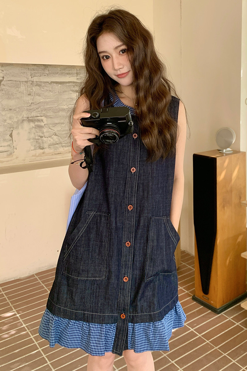 现货主推有买家秀牛仔拼接格子连衣裙2C139-8339-P125-K178,女装连衣裙,2C139