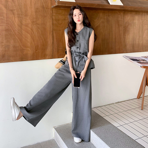 高级感通勤穿搭灰色无袖套装女夏超好看西装马甲阔腿裤气质两件套图片