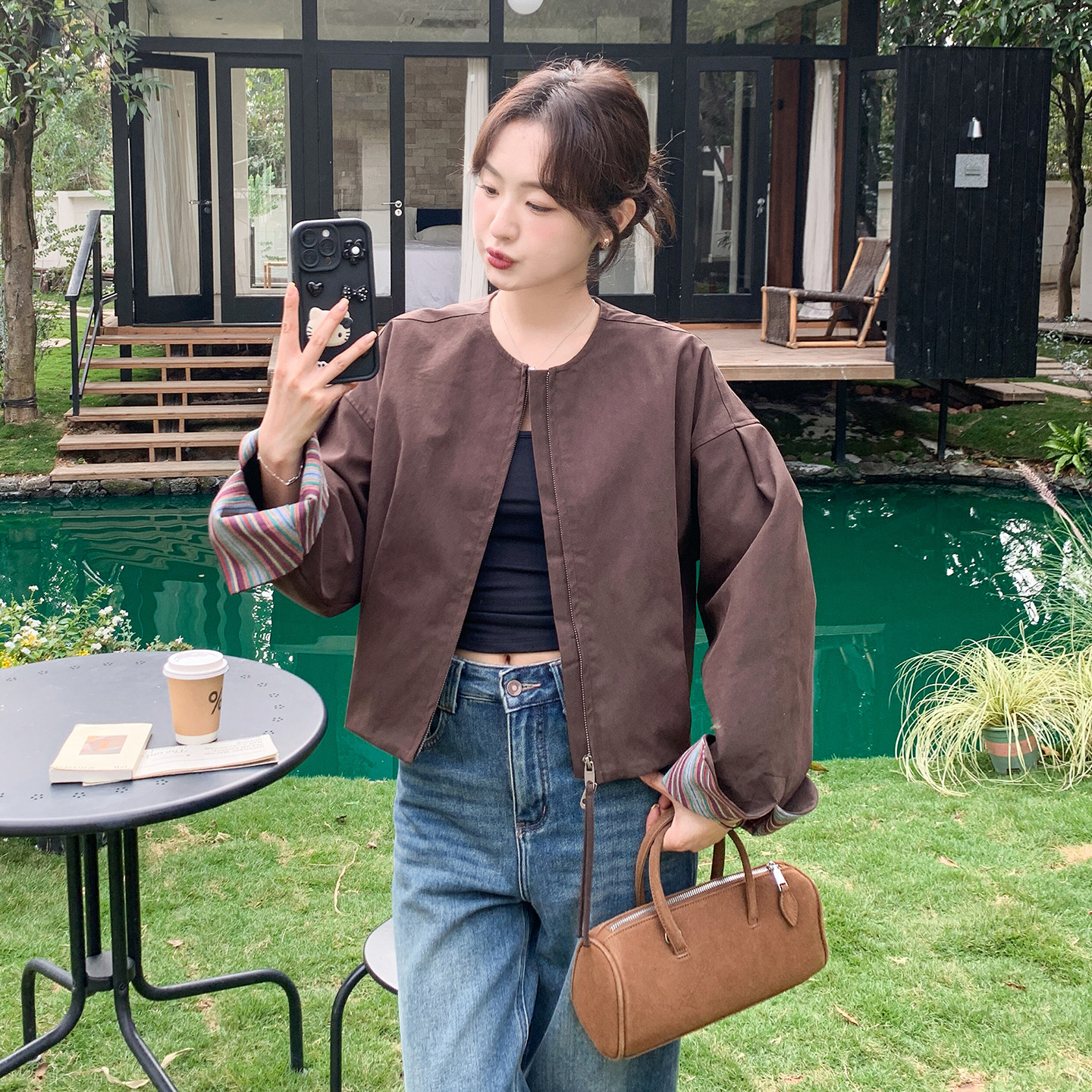 新品现货咖色条纹拼接袖口夹克外套2C139-902-P150-K228,女装短外套,2C139