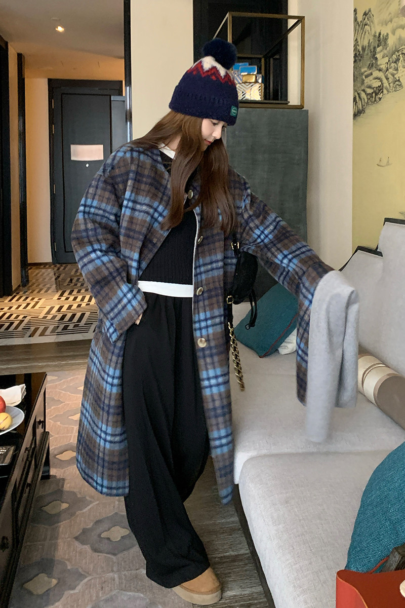 现货附买家秀70毛围巾格子双面呢大衣8632款P290控398,女装羊绒大衣,2C139