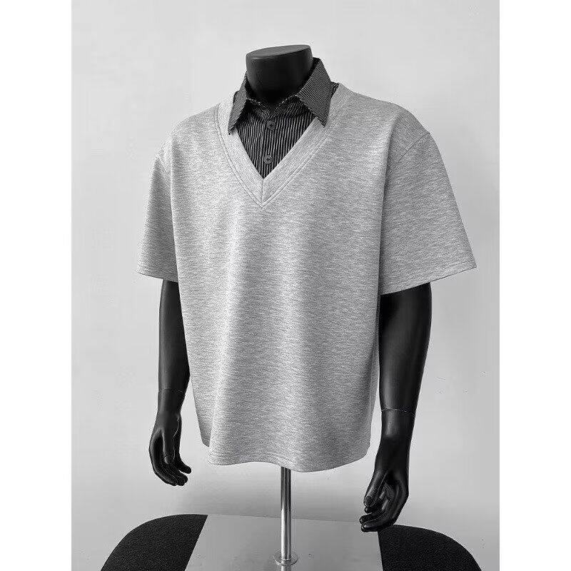 夏季薄款拼接假两件短袖POLO衫男女学生潮牌宽松情侣休闲百搭T恤