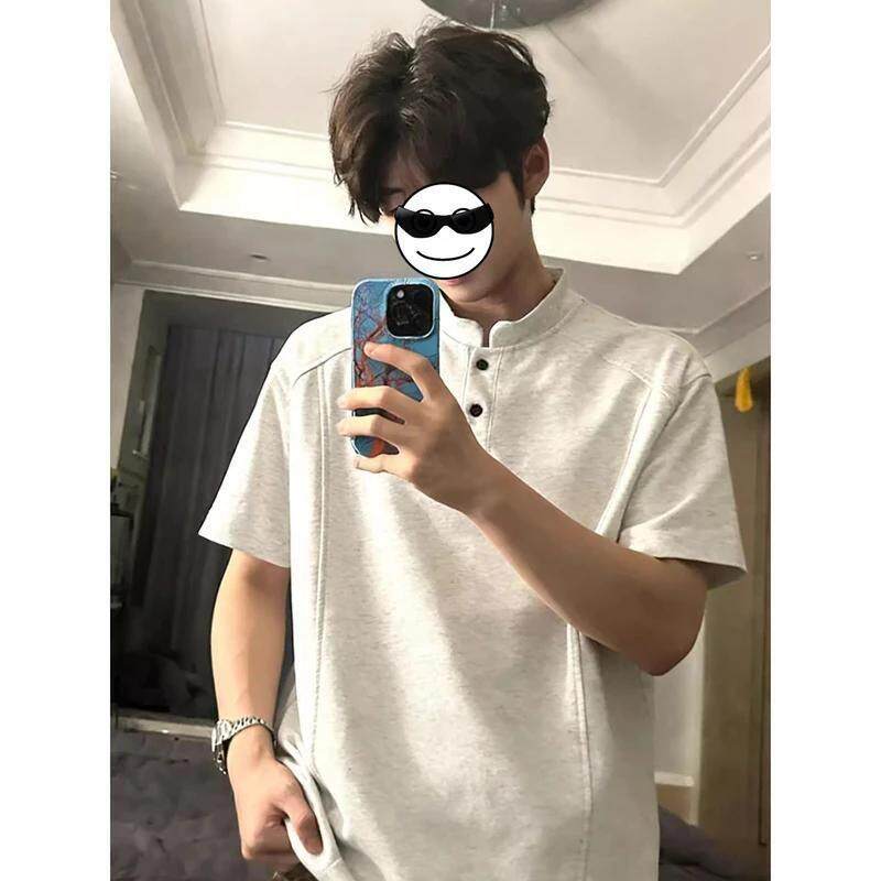 白灰色美式复古亨利领t恤男冬季拼接重磅健身短袖正肩半袖polo衫