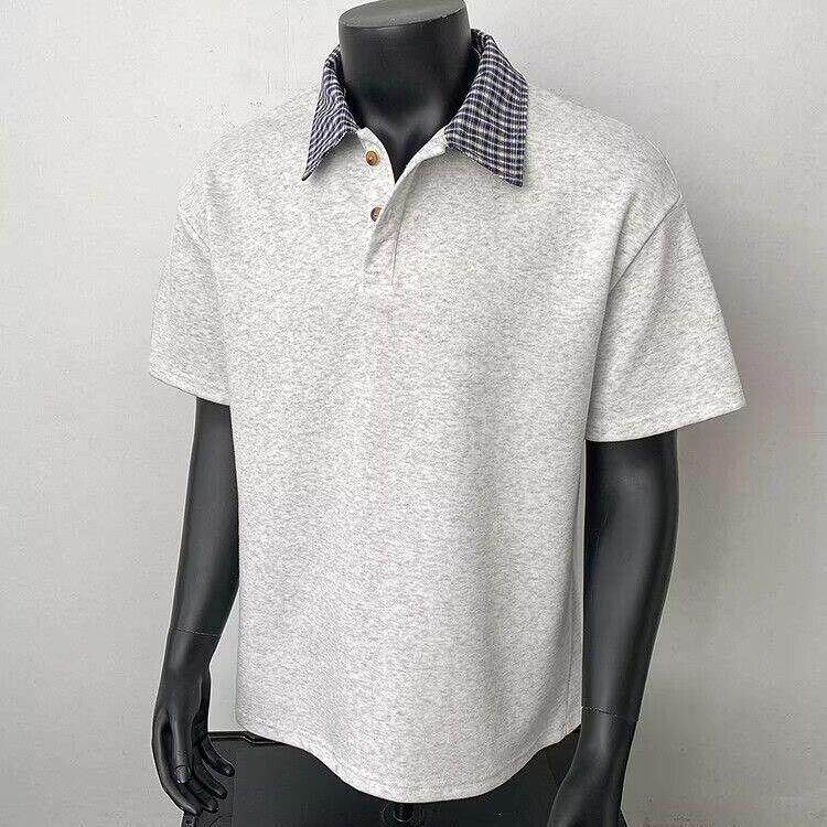 2026假两件格子拼接polo衫短袖男款夏季cleanfit美式简约正肩t恤