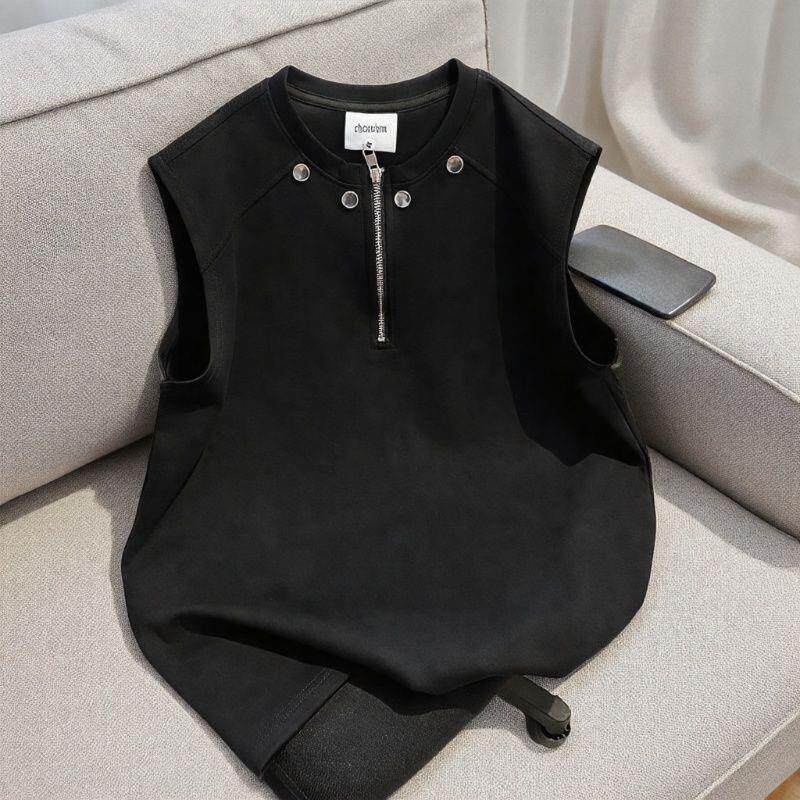 黑色半拉链铆钉背心男款夏季潮流痞帅无袖T恤设计坎肩潮牌