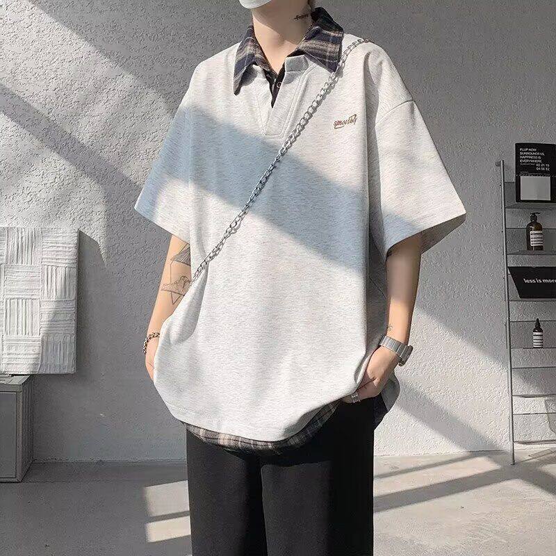 美式复古拼接假两件T桖男学生薄款百搭休闲polo衫半袖上衣服