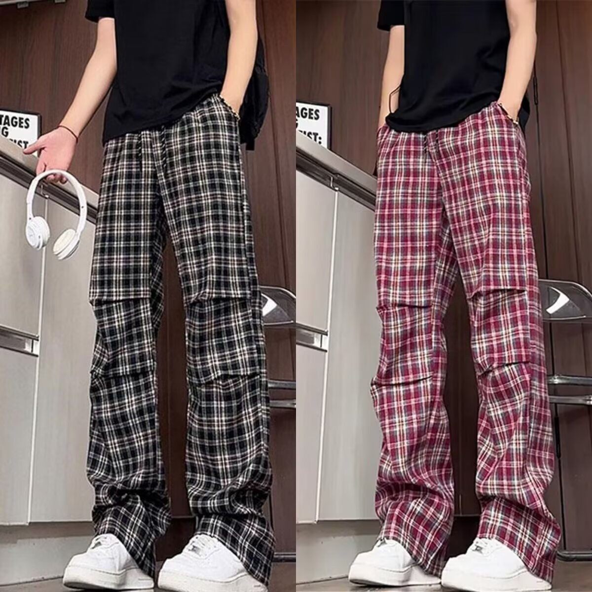 红色格子裤男秋冬薄款褶皱设计感撞色休闲裤美式复古宽松显瘦长裤
