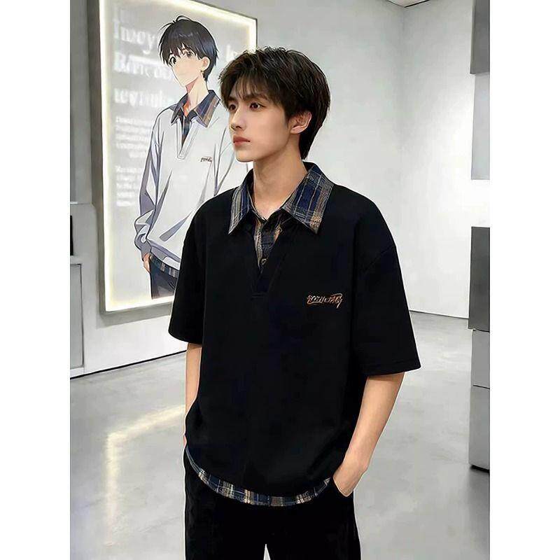 假两件格纹拼接polo衫短袖男款夏季美式设计感v领刺绣正肩翻领t恤