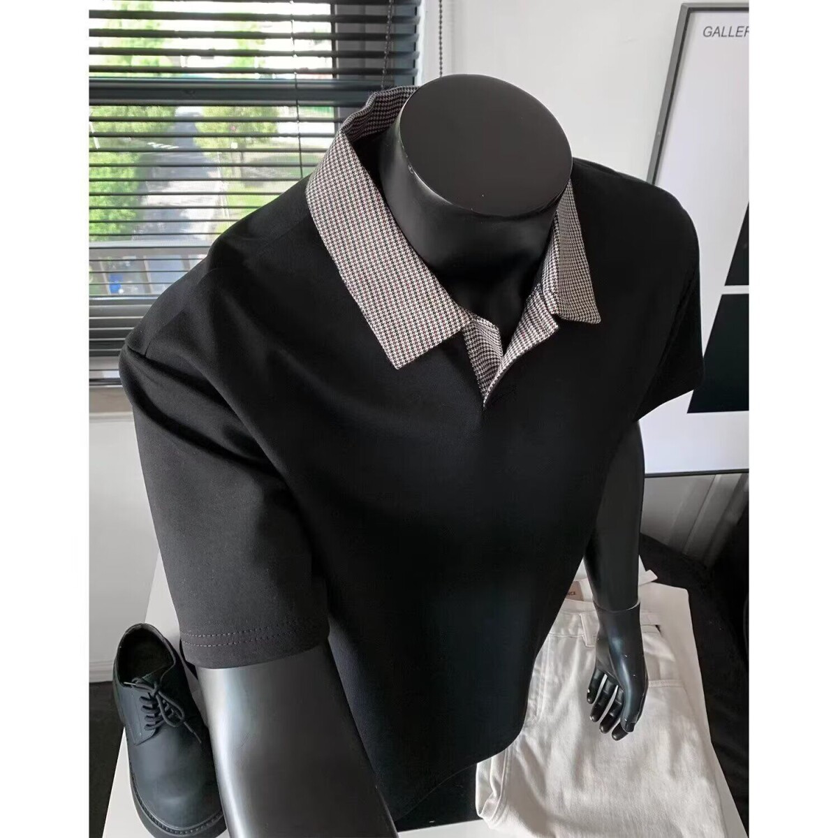 夏季薄款千鸟格拼接短袖polo衫男生美式高街翻领t恤百搭半袖上衣