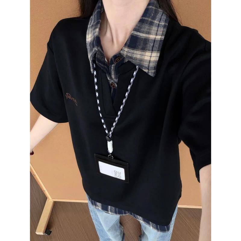 美式拼接假两件polo衫短袖男款夏季设计感潮牌翻领宽松衬衫领T恤