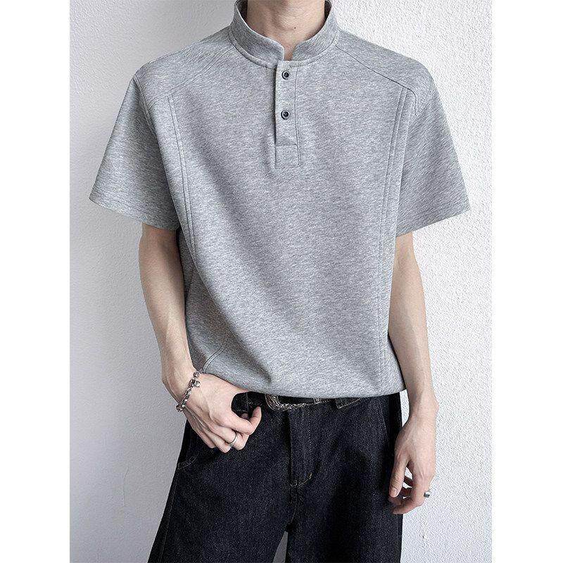 黑色高级感正肩Polo衫短袖男美式潮牌立领T恤设计感解构拼接半袖